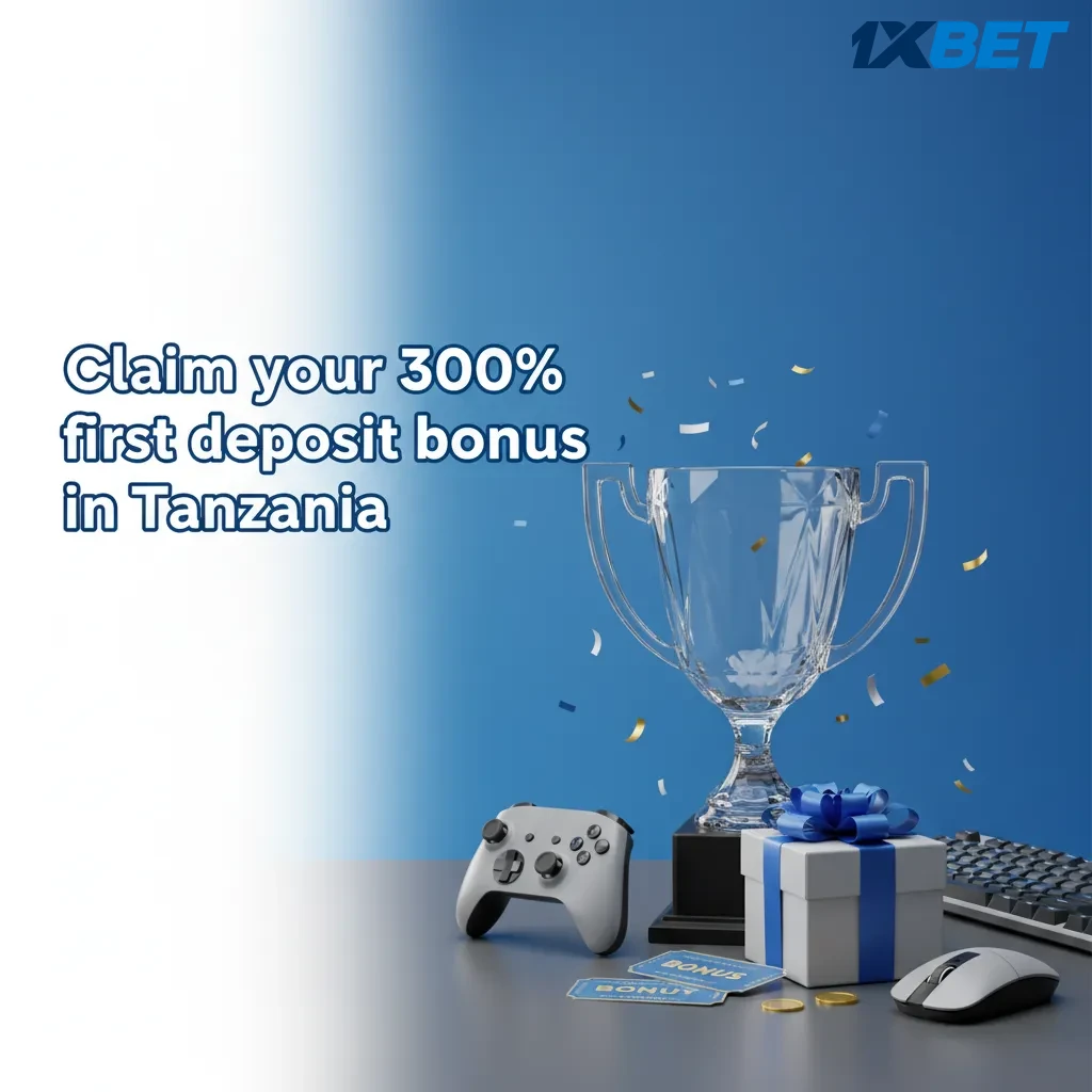 1xBet Tanzania promo banner: 300% first deposit bonus for Dota 2; register, enable promo, deposit TZS, check wagering rules.