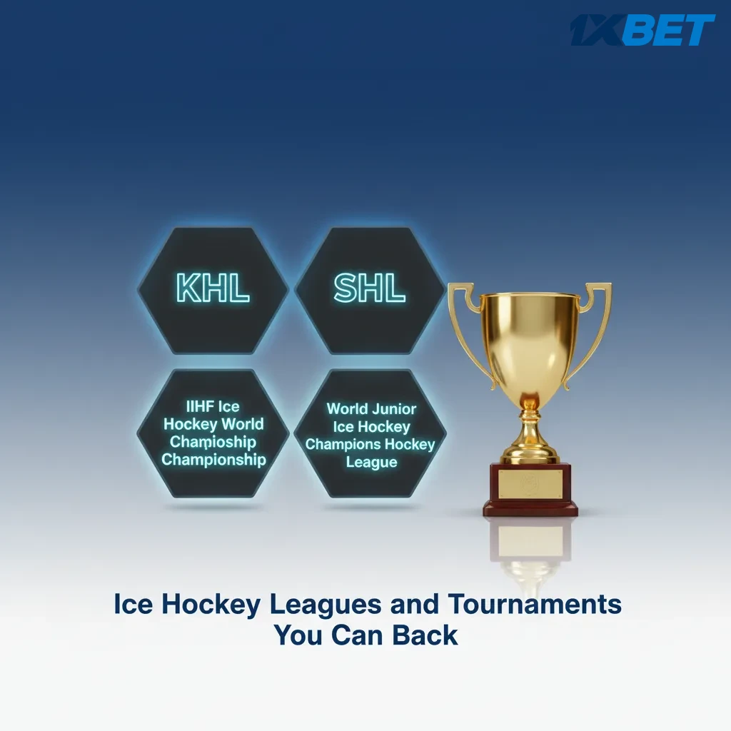 Graphic highlighting ice hockey leagues and tournaments available for betting: NHL, KHL, IIHF, SHL, Liiga, CHL, DEL.