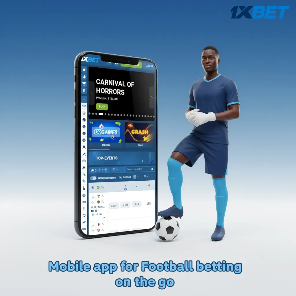 Mobile phone showing 1xbet football betting app with real‑time odds, in‑play stats, Cash Out, and goal alerts.
