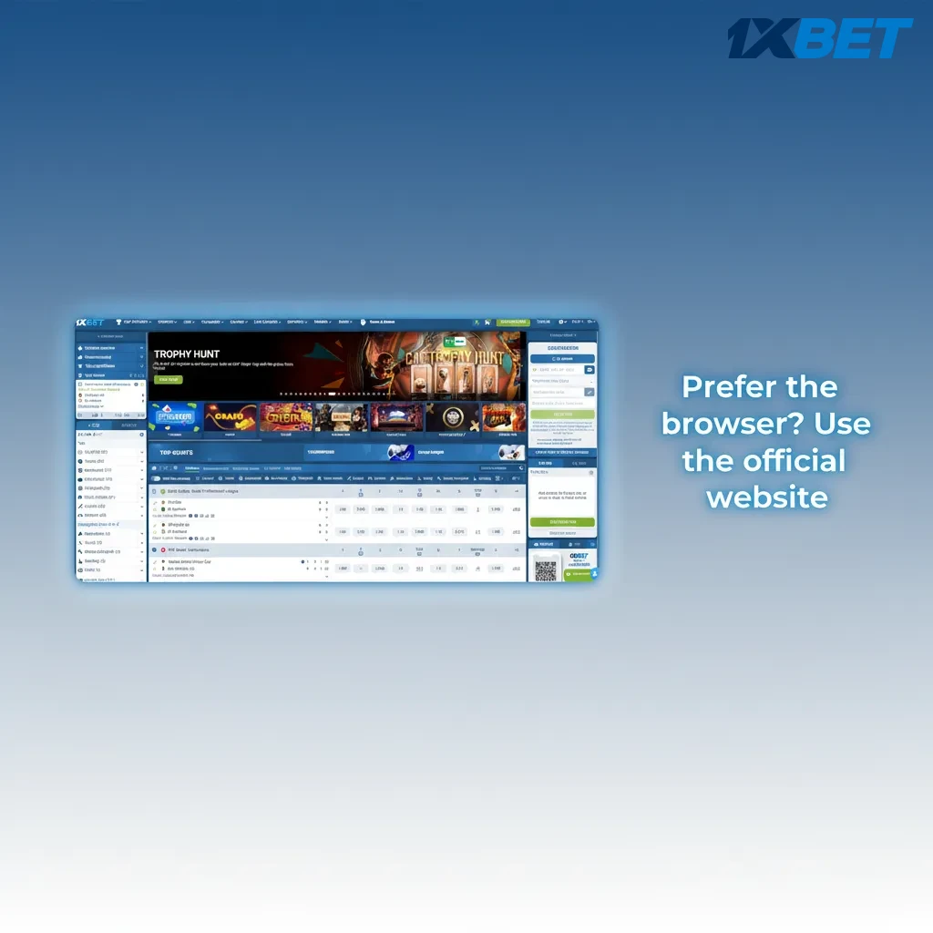 Browser window showing the official website with betting, live casino, and account tools; no PC client download needed.