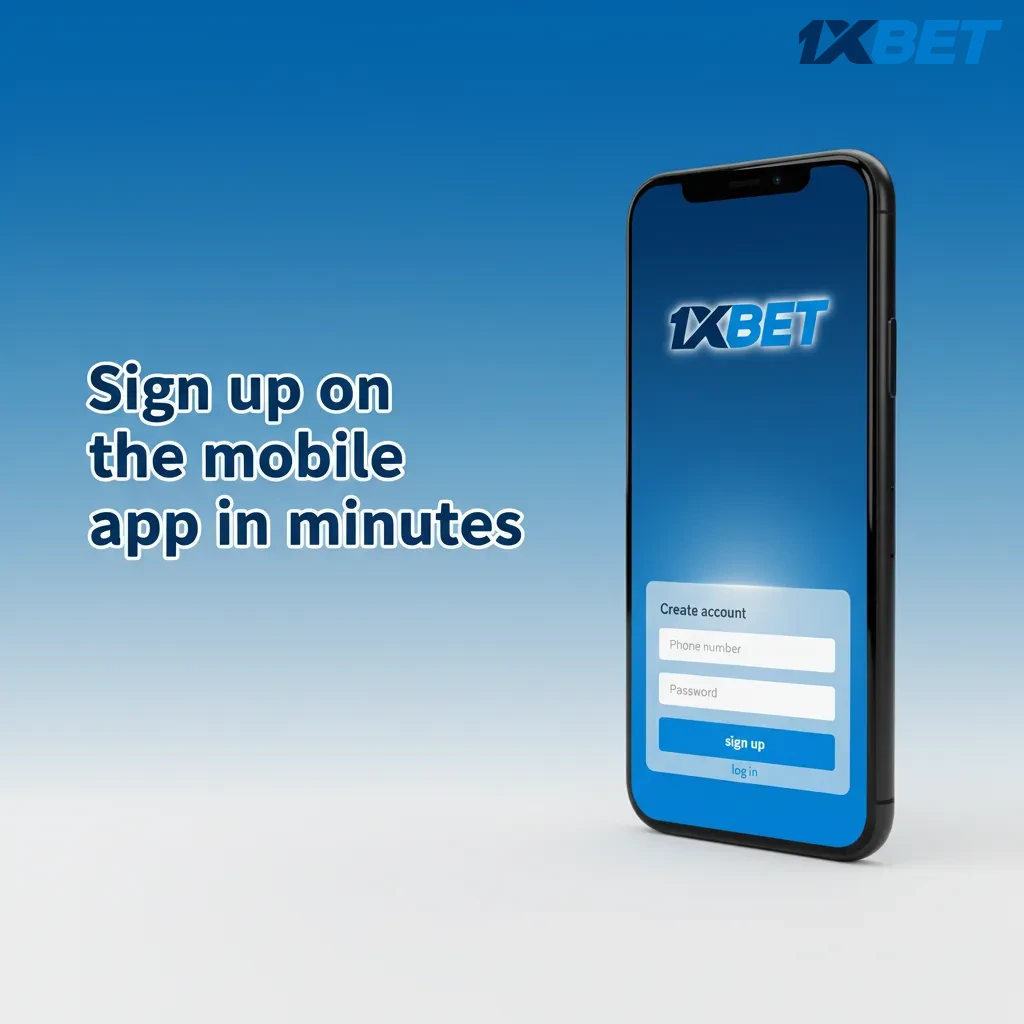 Phone screen showing 1xBet app signup flow: download, install, choose method, enter details, set password or biometrics.