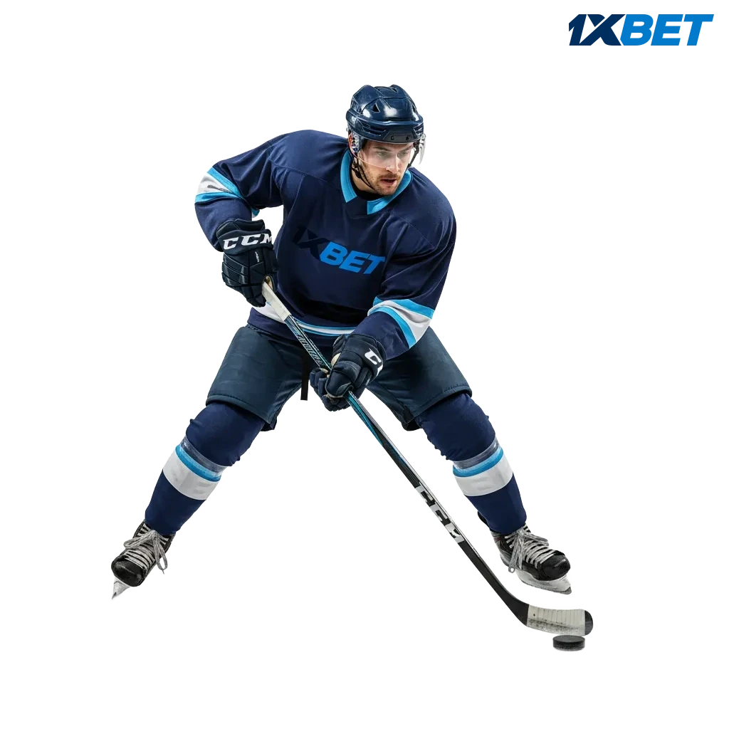 1xbet ice hockey betting banner with rink and players, NHL/KHL, live odds, cashout, and welcome bonus