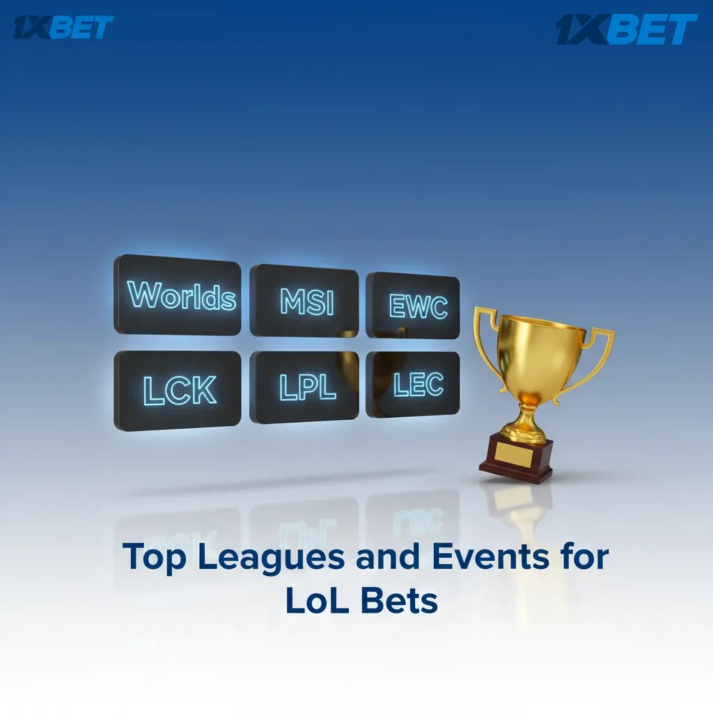 Graphic listing top LoL betting events: Worlds, MSI, EWC, and leagues LCK, LPL, LEC; year-round action.