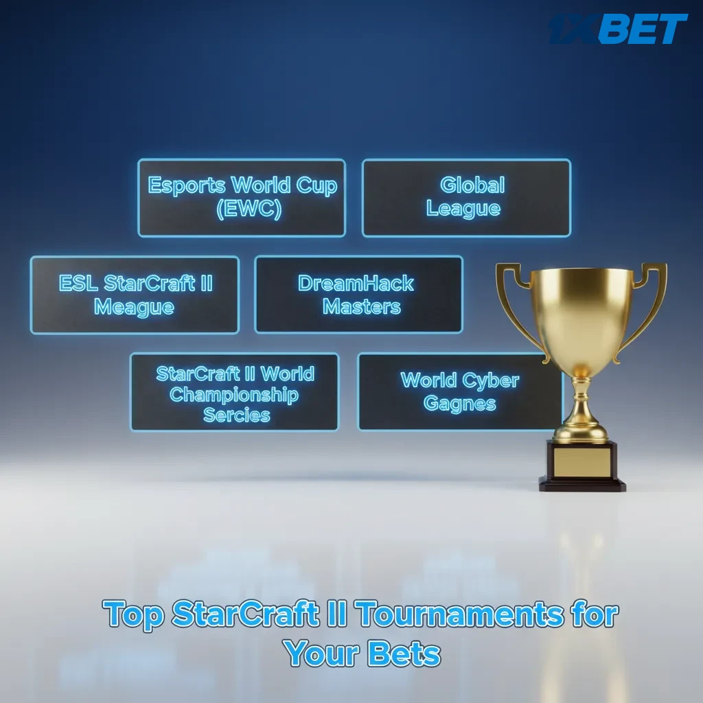 Infographic of top StarCraft II tournaments for betting: EWC, ESL Pro Tour, Katowice, GSL, TSL, HomeStory Cup.
