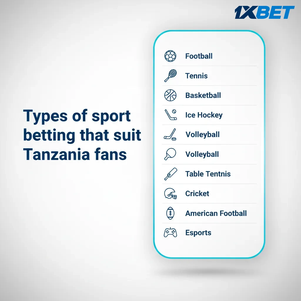 Sports betting options for Tanzania fans: football, basketball, boxing, athletics, cricket, with pre-match and live markets.