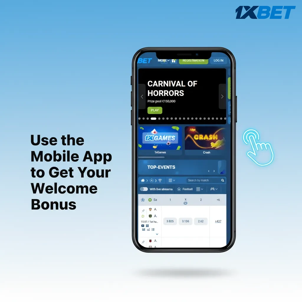 Mobile app promo: get welcome bonus on Android or iOS; register, deposit, activate for Sports & Casino.