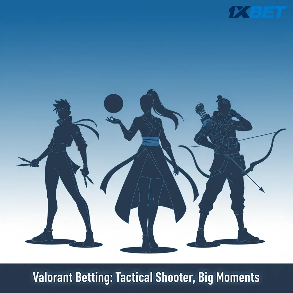 Valorant agents in 5v5 with live betting odds overlay; markets for match/map winners, pistol rounds; VCT events featured
