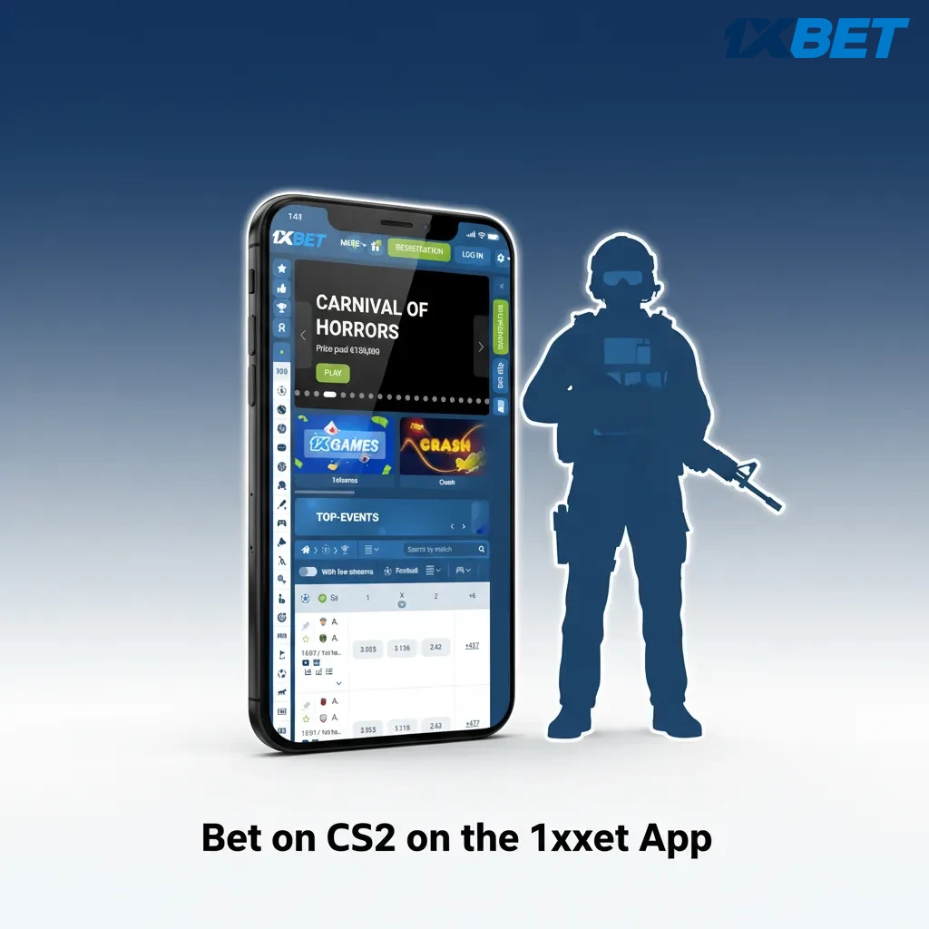 Phone showing 1xBet CS2 betting app with live odds, quick cash out, and fast TZS deposits.