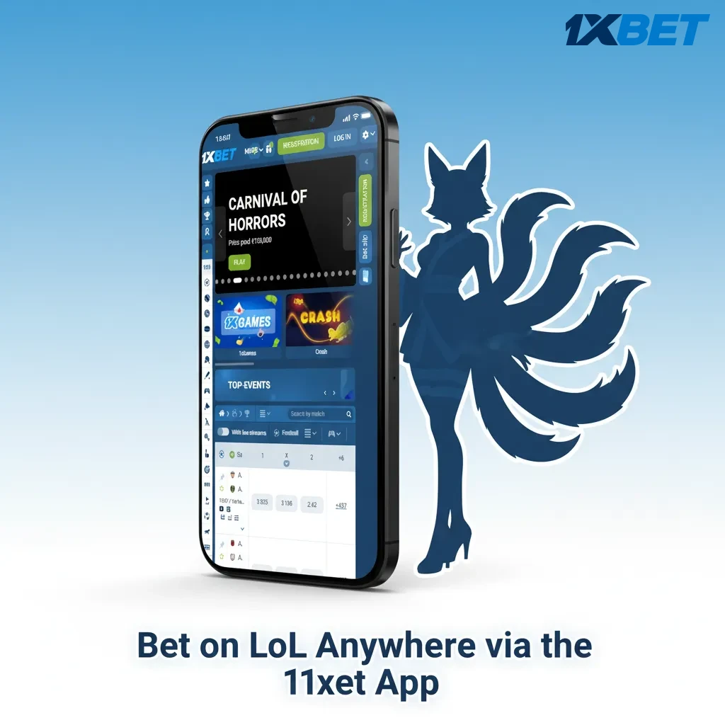 Smartphone displaying 1xbet app with LoL betting markets, live odds, cash out, and TZS deposit support