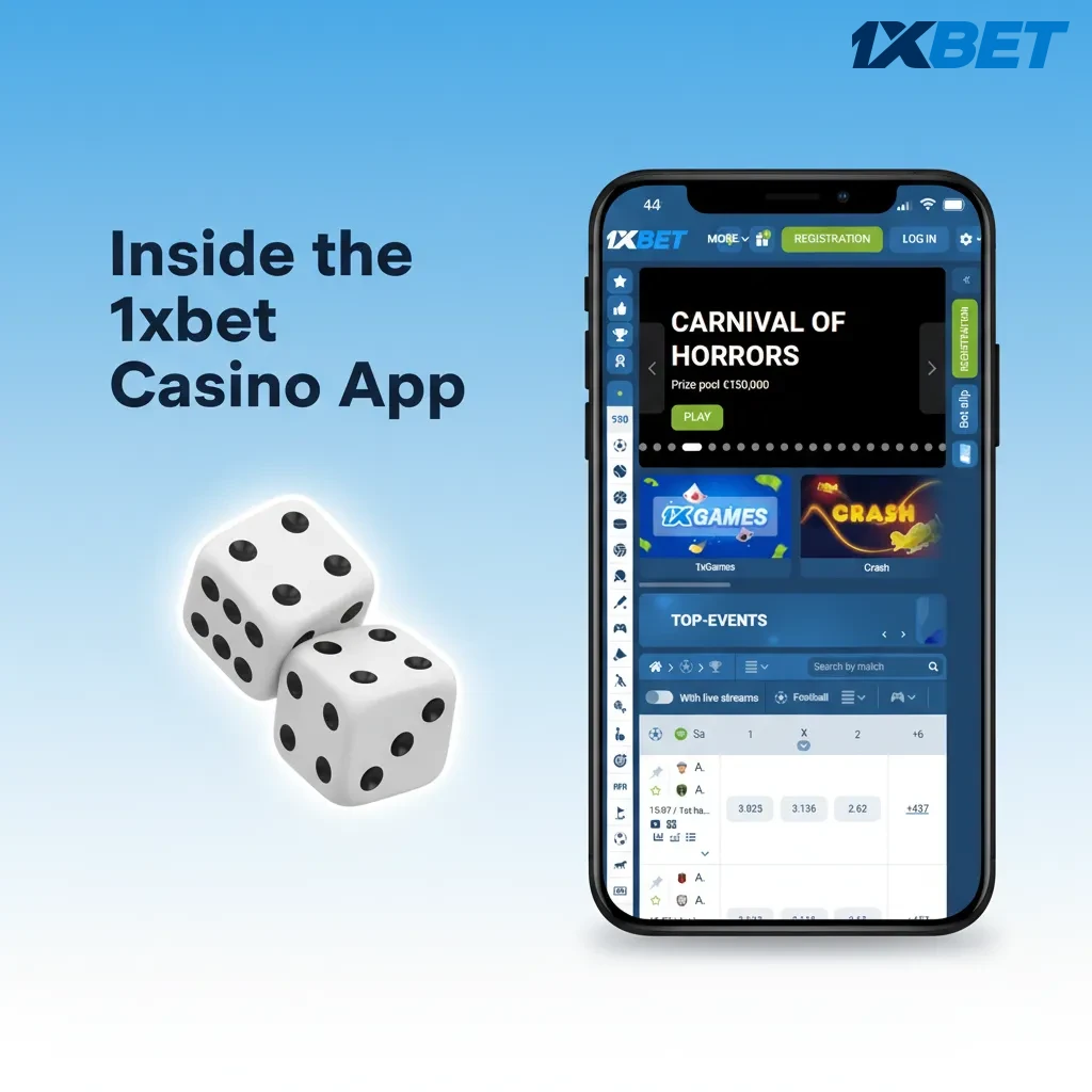 1xbet casino app screen with slots, Blackjack, Roulette, live dealers, promotions, and quick in‑game payments.