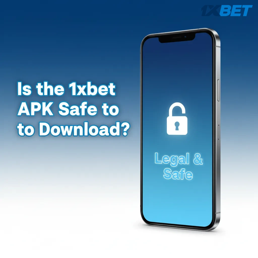 Smartphone showing 1xbet app with padlock and shield icons, highlighting secure, licensed APK from official site.