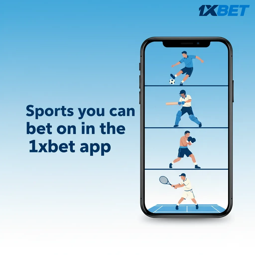 1xbet app showing bettable sports: football, basketball, tennis, cricket, rugby, boxing, MMA, table tennis, eSports.