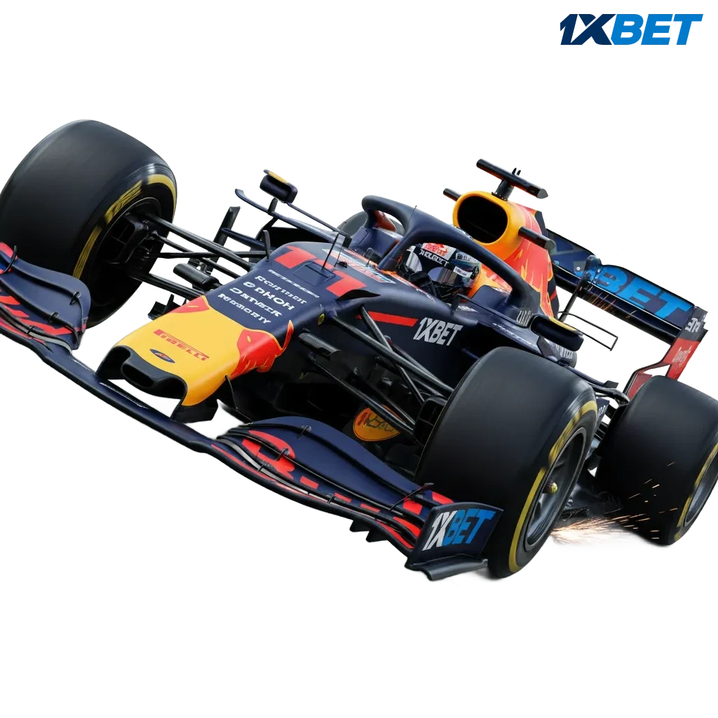 1xbet F1 betting in Tanzania banner with F1 car, pre-race and live markets in TZS, cash out, 18+