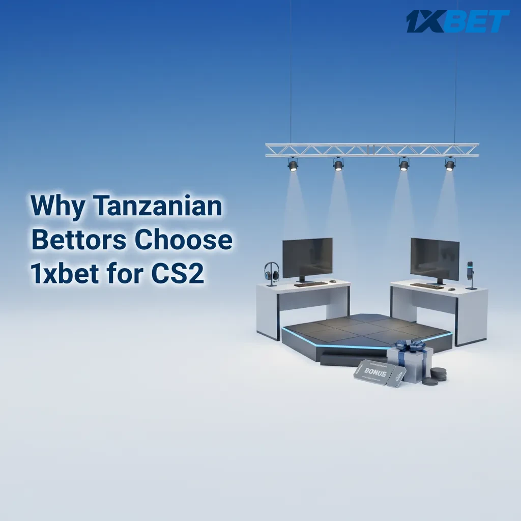 1xBet CS2 Tanzania graphic: 300% welcome bonus, TZS payments via M-Pesa, fast payouts, 24/7 support, mobile app.